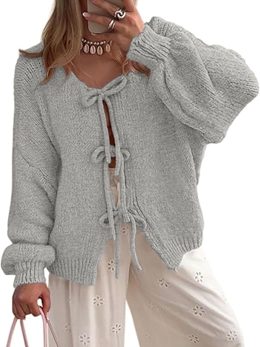 Gray Tie-Front Women's Sweater Cardigan